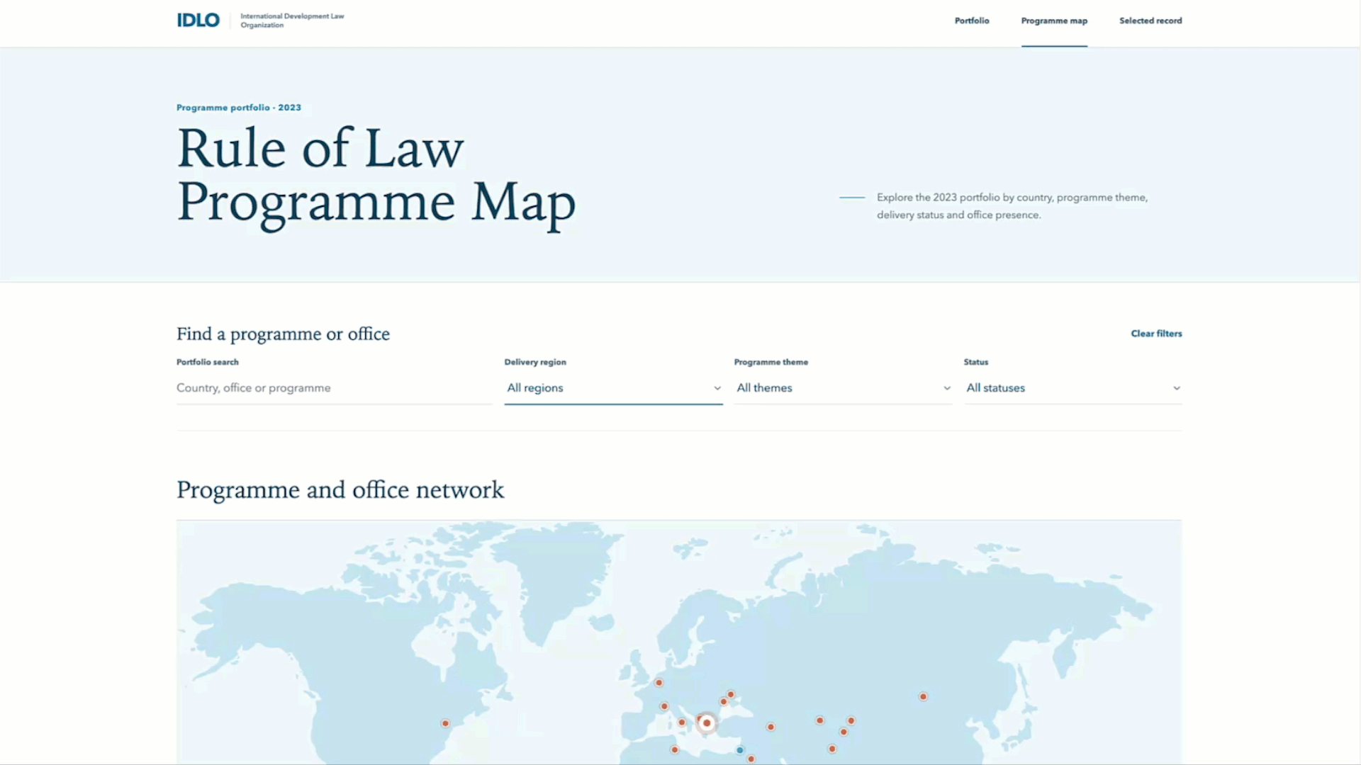 IDLO Rule of Law Programme Map interface showing search filters and an interactive world map