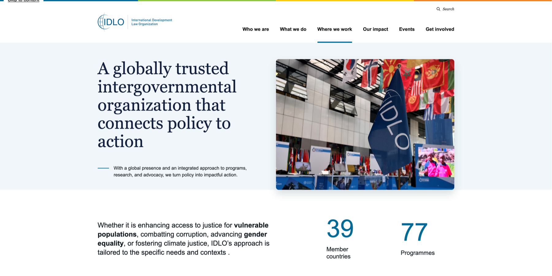 IDLO website overhaul prototype showing the Where we work page and institutional navigation