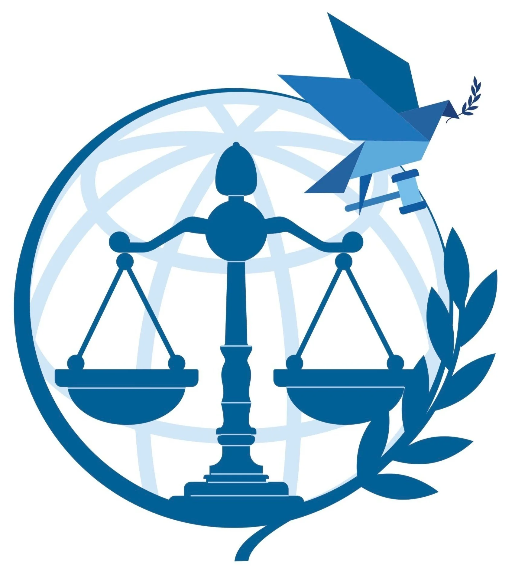 A globe, scales of justice and an origami peace dove